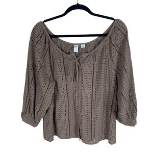 Joie Brown Long Sleeve Eyelet Lace Button Front Top Size L Boho Neutral